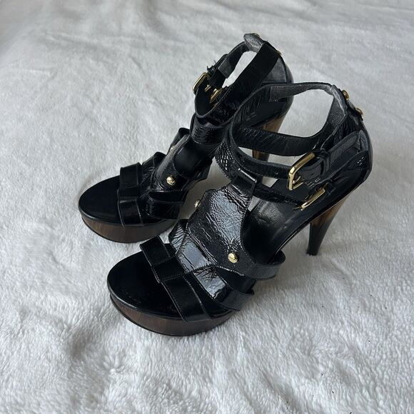STUART WEITZMAN BLACK PATENT GLADIATOR PLATFORM SANDALS SZ 8 - Picture 2 of 6